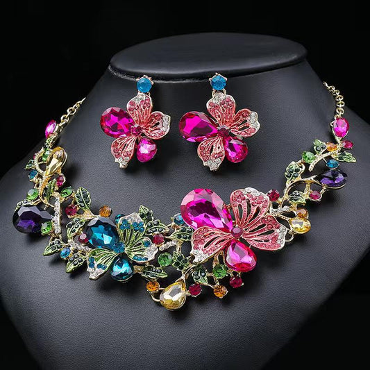 Luxury Multicolor Crystal Floral Necklace Set – Elegant Party & Wedding Jewelry
