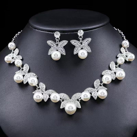 Elegant Pearl Butterfly Necklace Set – Luxury Crystal Bridal & Party Jewelry