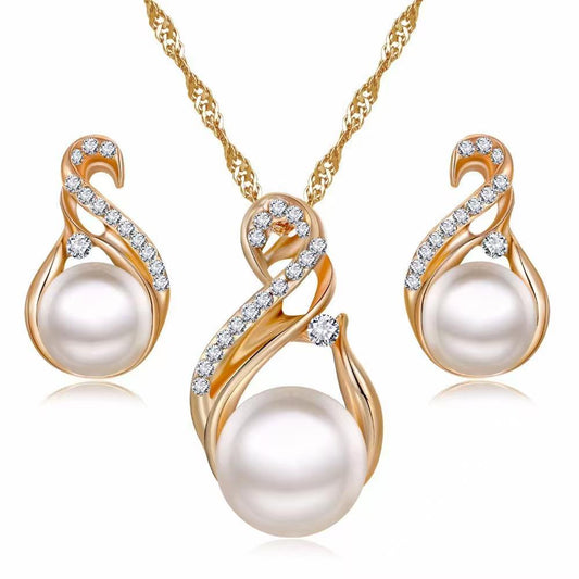 Luxury Gold Plated Pearl Necklace Set with Crystal Earrings – Elegant Women Jewelry Set